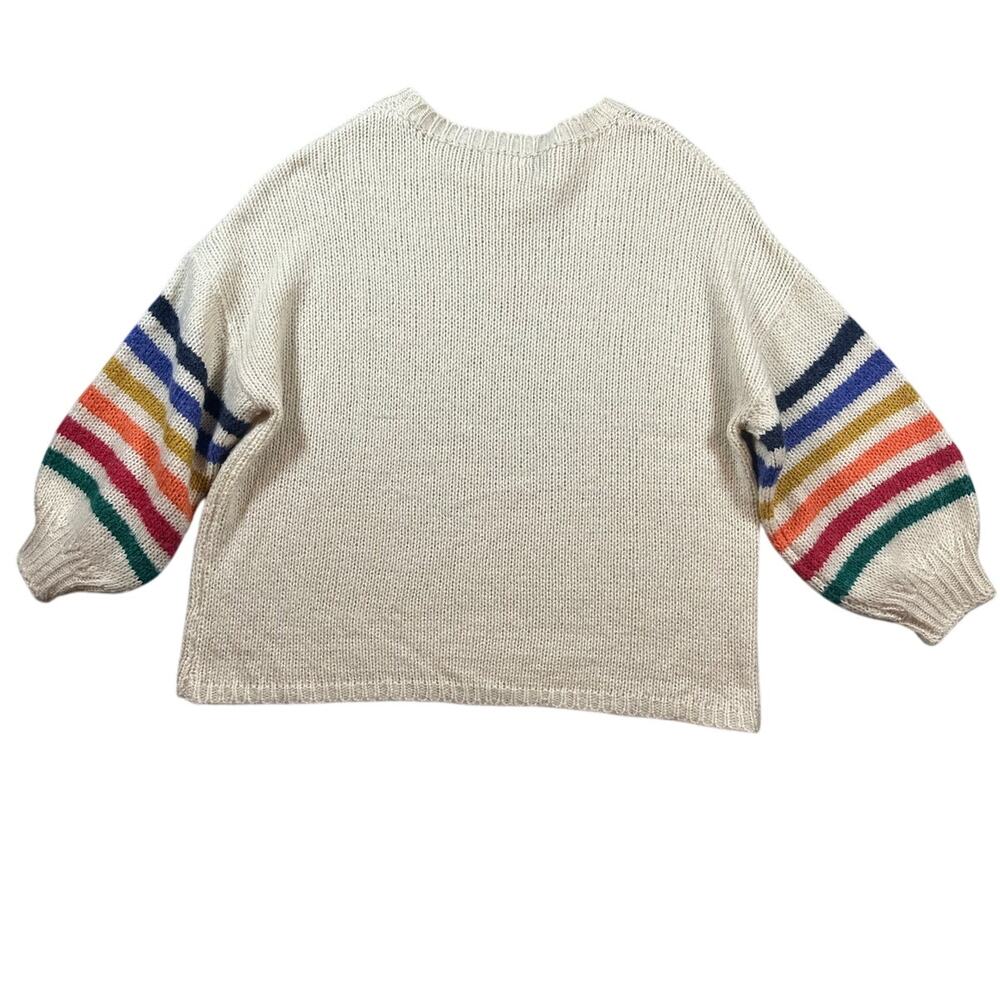 Entro Cream Sweater with Rainbow Stripe Sleeves Size Large EUC - Picture 4 of 5